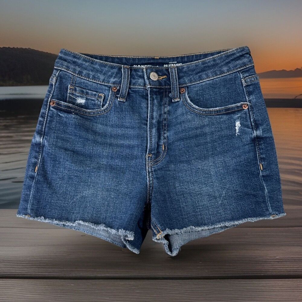Old Navy High Rise OG Straight Shorts 0 (W26 Inseam 2.5) Blue Distressed Womens